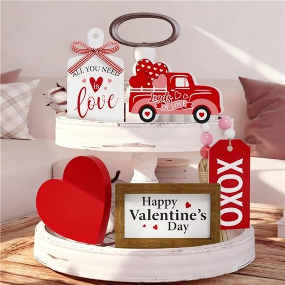 Valentine's Day Tiered Tray Decor Set 5 Pcs Heart Wooden Signs XOXO Bead - Picture 2 of 8